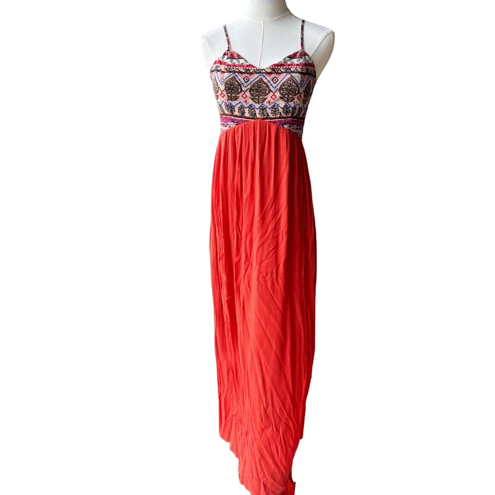 Womens Red Boho Maxi Dress Small Tribal Aztec Smocked Back Strappy Resort Beach